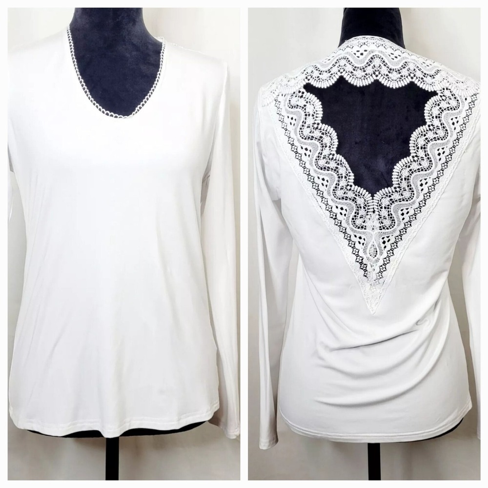 Collection By CEZELE White Lace Blouse Open Back Long Sleeve Wedding Tee Sz S
